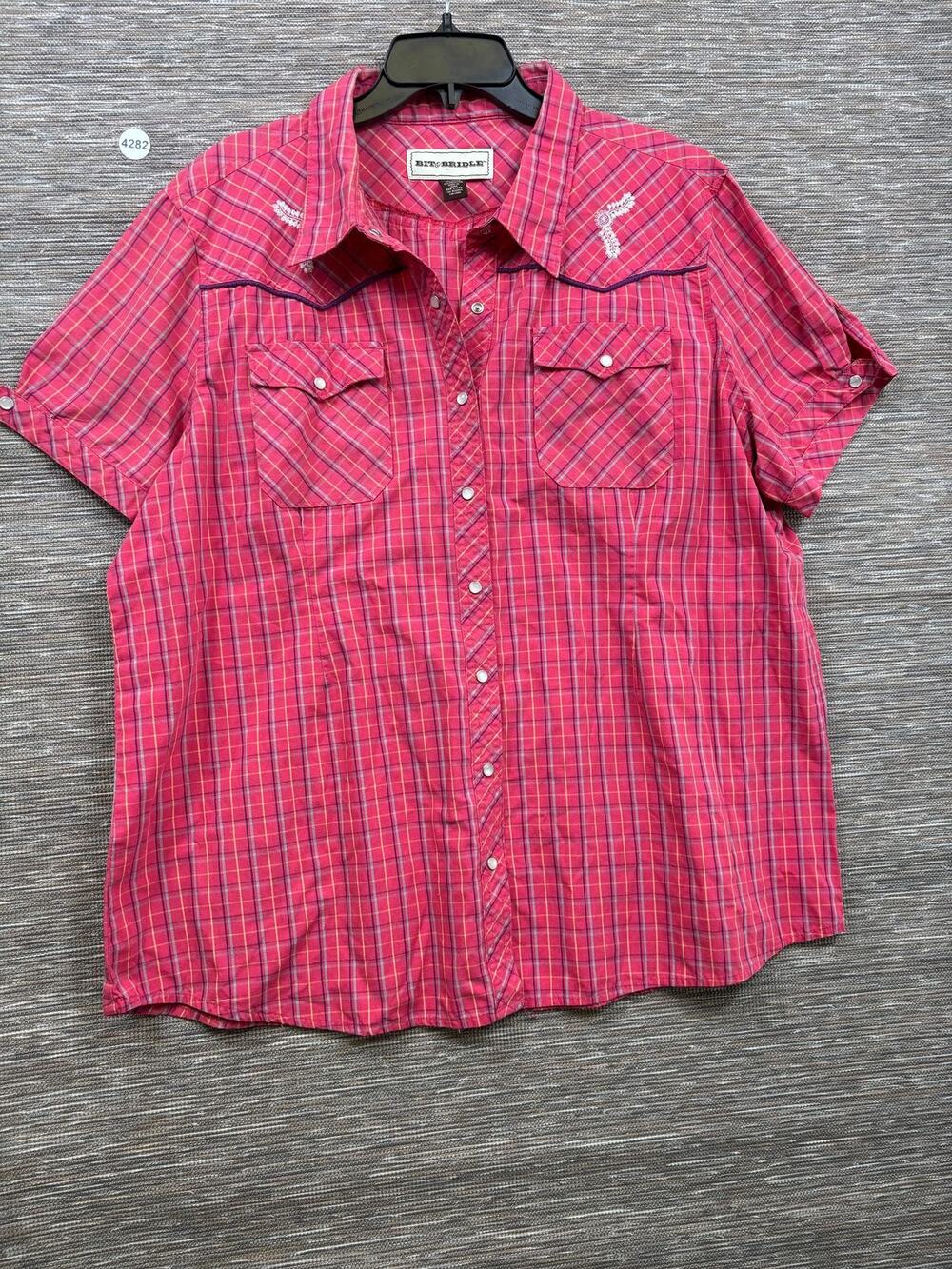 Bit & Bridle Button Up Shirt Womens 2X Pink Plaid Western Snap Short Sleeve